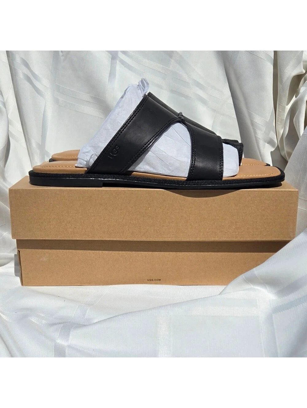 UGG Matira Black Leather Slide Sandals Toe Loop Square Toe Womens Size 12 NIB